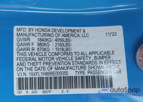 2024 Honda Civic Sport Touring z USA, uszkodzony, nr VIN 19XFL1H86RE009355